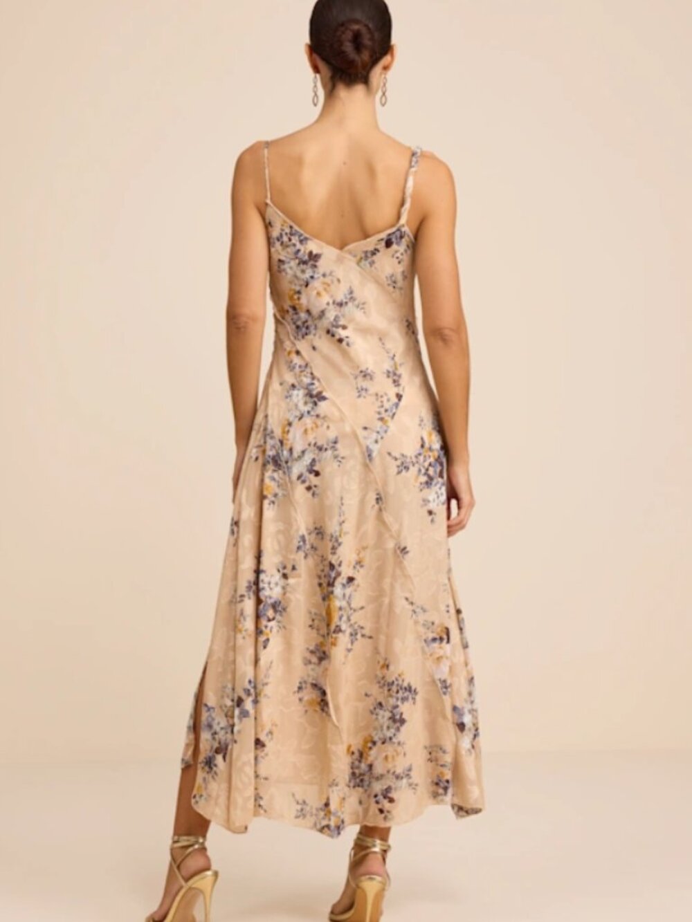 Lulus Eirwen Beige Floral Burnout Asymmetrical Midi Dress - Size S - Picture 3 of 4